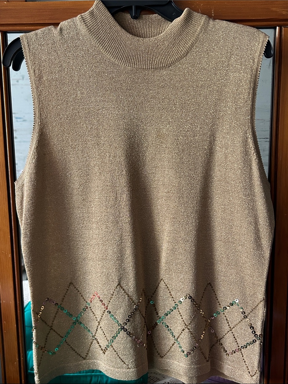 BAMBOO Metallic Gold Sleeveless Knit with Sequin Argyle